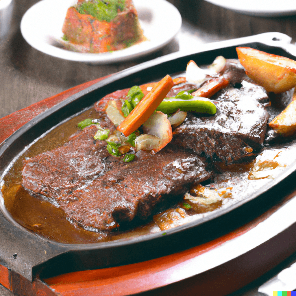 Beef Steak w/(Black Pepper/Gravy Sauce) on Rice/Spaghetti Served on A Sizzling Iron Plate