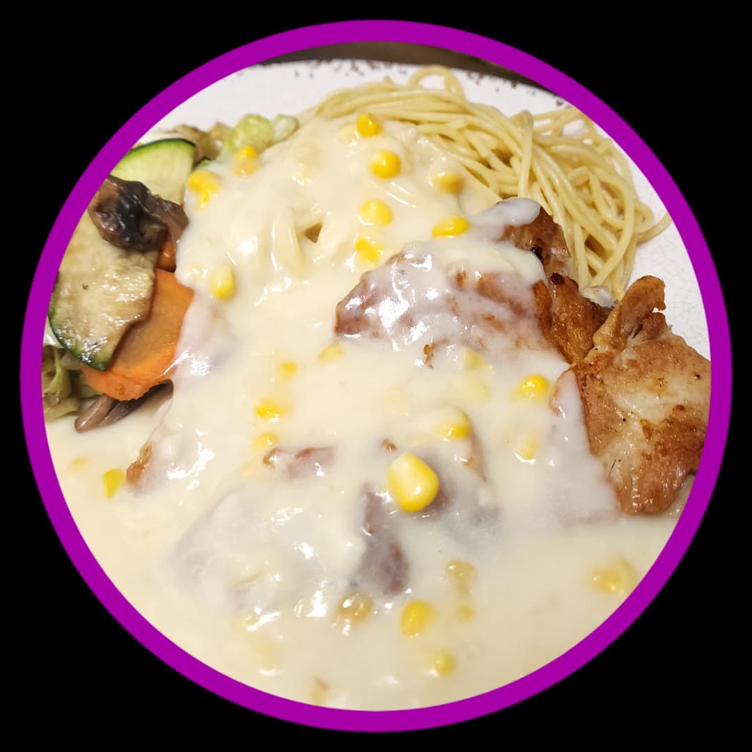 Pork Chop w/Cream of Corn Sauce on Rice/Spaghetti