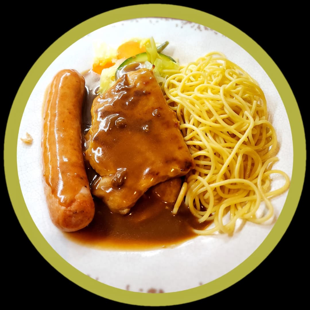 Emmentaler Sausage and Pork Chop on Rice/Spaghetti