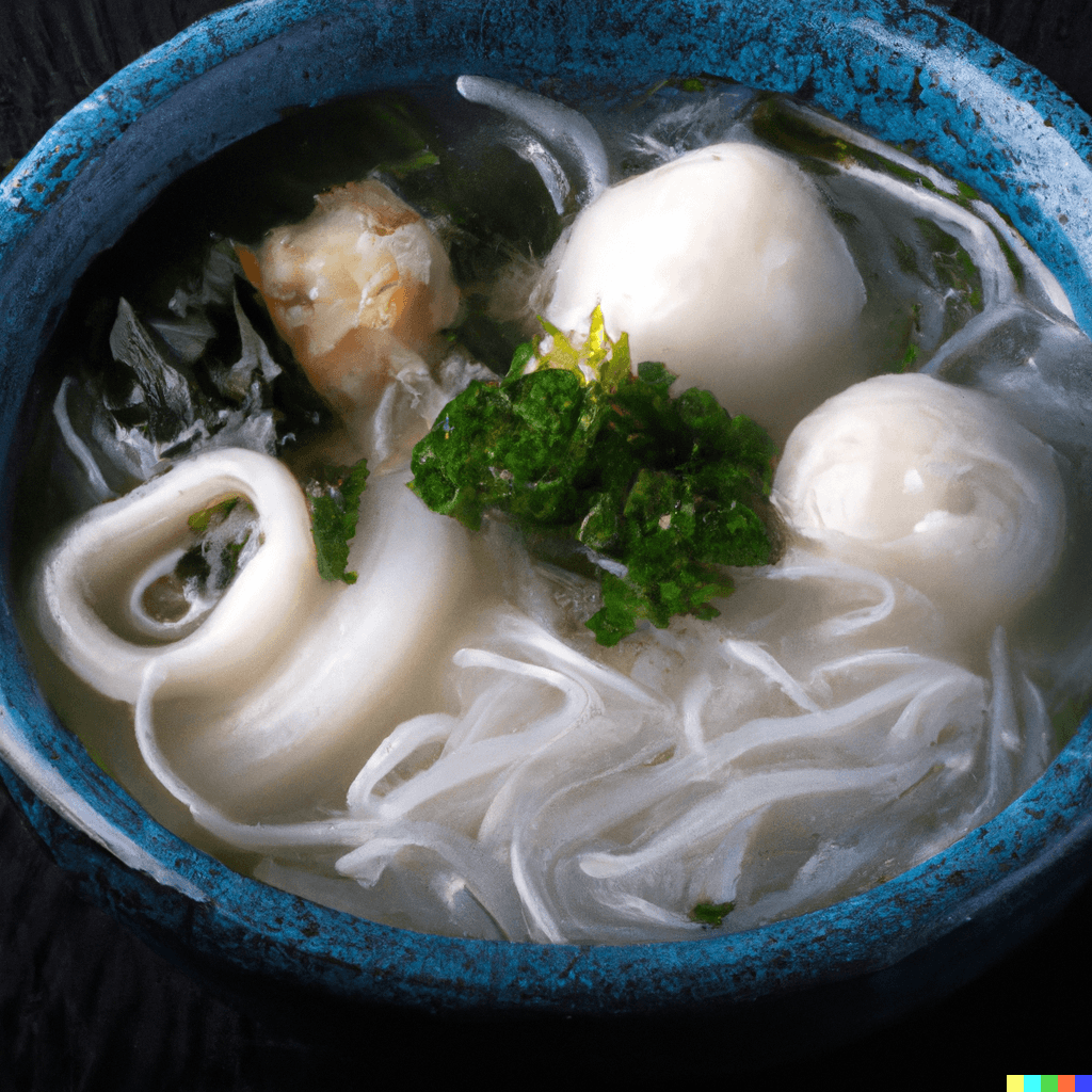 Vermicelli in Soup with Cuttlefish Balls and Seaweed